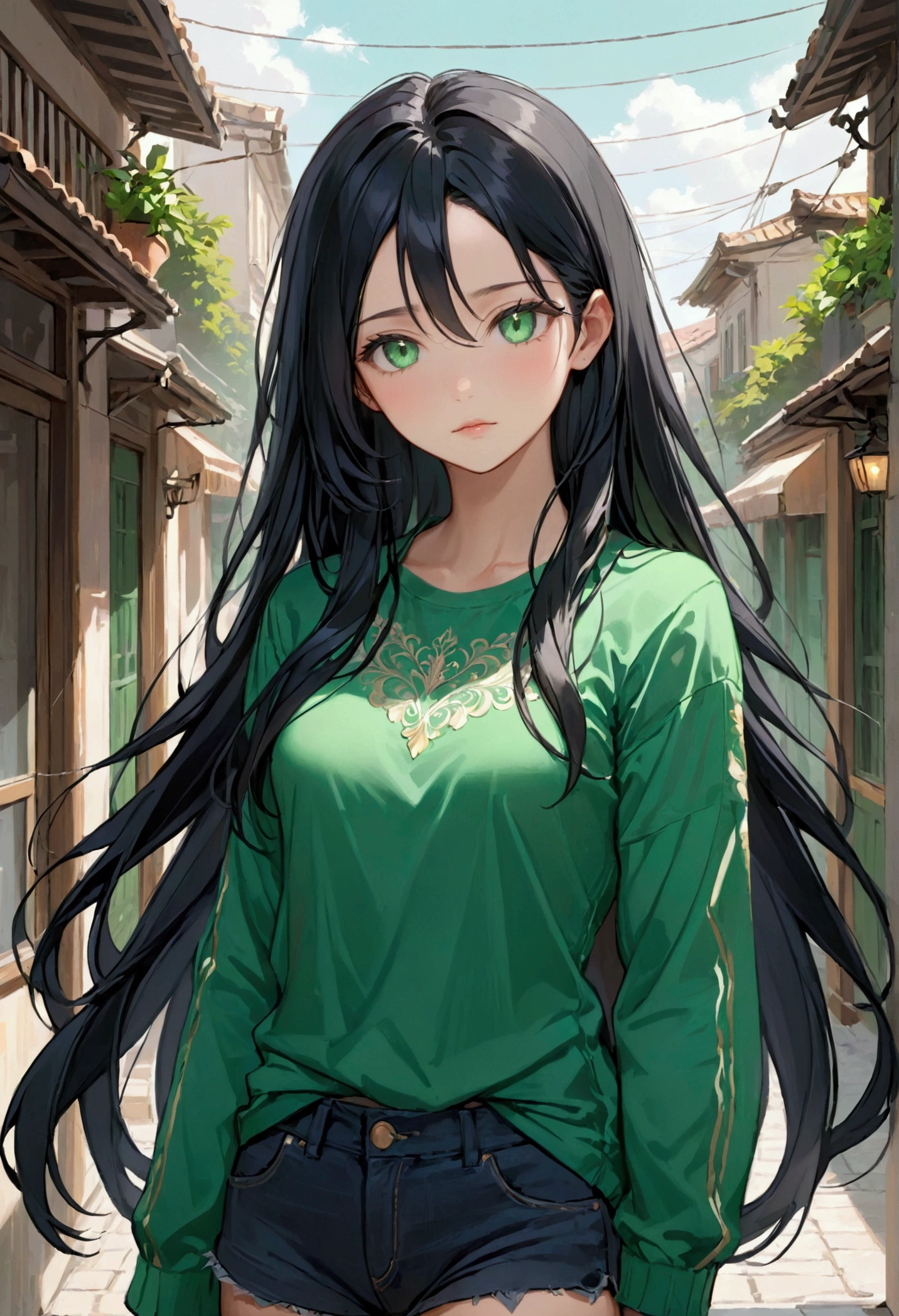 Long black hair, green eyes,aesthetic body, casual