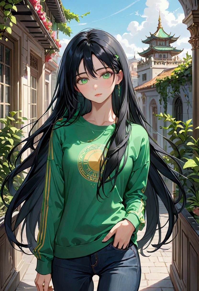 Long black hair, green eyes,aesthetic body, casual