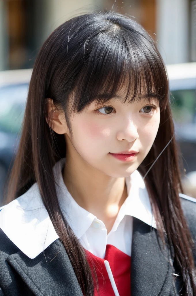 high school girl,Japan black hair,Not too long ponytail,Bangs with antennae