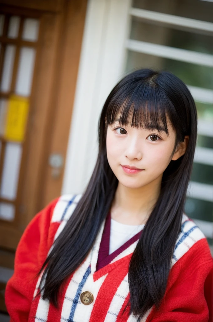 high school girl,Japan black hair,Not too long ponytail,Bangs with antennae