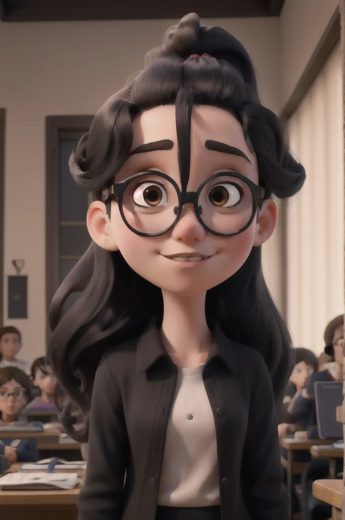 work of art, best qualityer, a teenage girl with long black hair, black round glasses, small mouth, dressed all in black , teaching English, 8k, detailed, face detailed, realistic