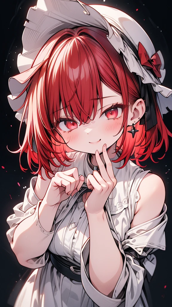 Best Quality, Masterpiece, 1 girl, (Alone:1.1), ray tracing, ultra detailed,detailed face, 8K Wallpaper, detailed eyes, big breasts and butt, short red hair, White skin, brand clothes, flirtatious smile, cheeks flushed and completely sweaty, pose sexy, (random background)
