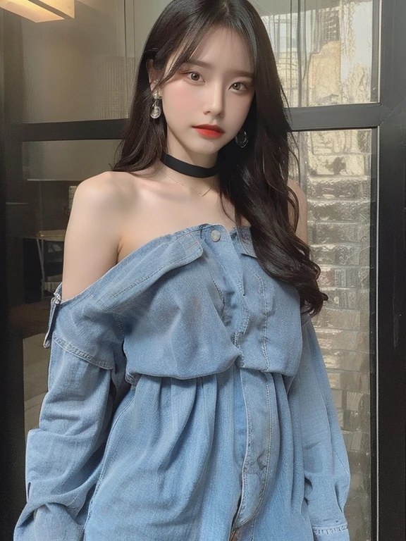 (Masterpiece:1.2), realistic, Photo of 18 year old.Oh, the girl in the baggy shirt.(Unbuttoned shirt), half , best quality, big breasts, bare shoulders, rift, nNRF, [[hands hidden behind]], earring, Complete shirt, black choker, alone, [NRF],