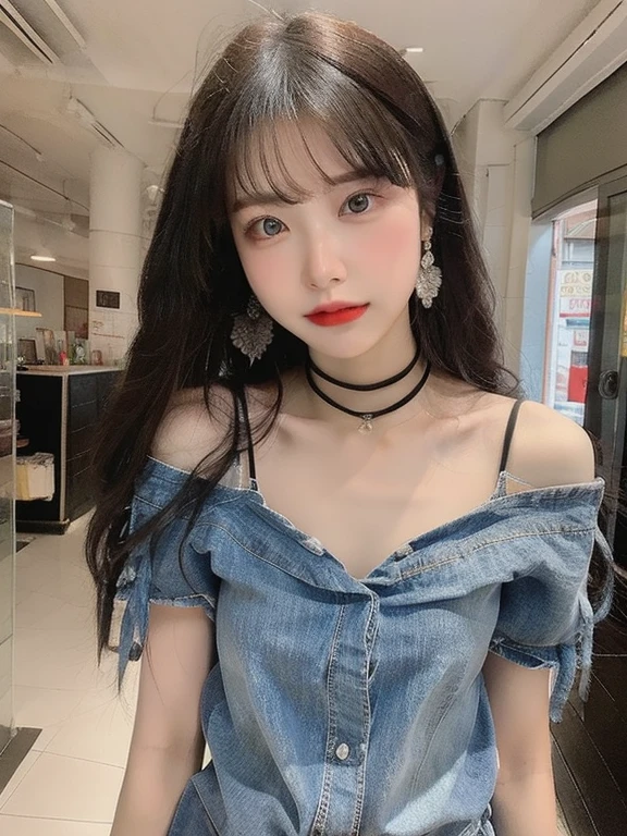 (Masterpiece:1.2), realistic, Photo of 18 year old.Oh, the girl in the baggy shirt.(Unbuttoned shirt), half , best quality, big breasts, bare shoulders, rift, nNRF, [[hands hidden behind]], earring, Complete shirt, black choker, alone, [NRF],