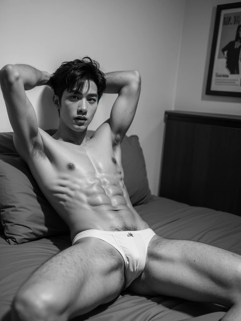 A sexy horny naked korean handsome guy with a six-pack, muscular, a cute and sexy face, lying in bed, handsome, wearing thongs, lifted arms, spread legs