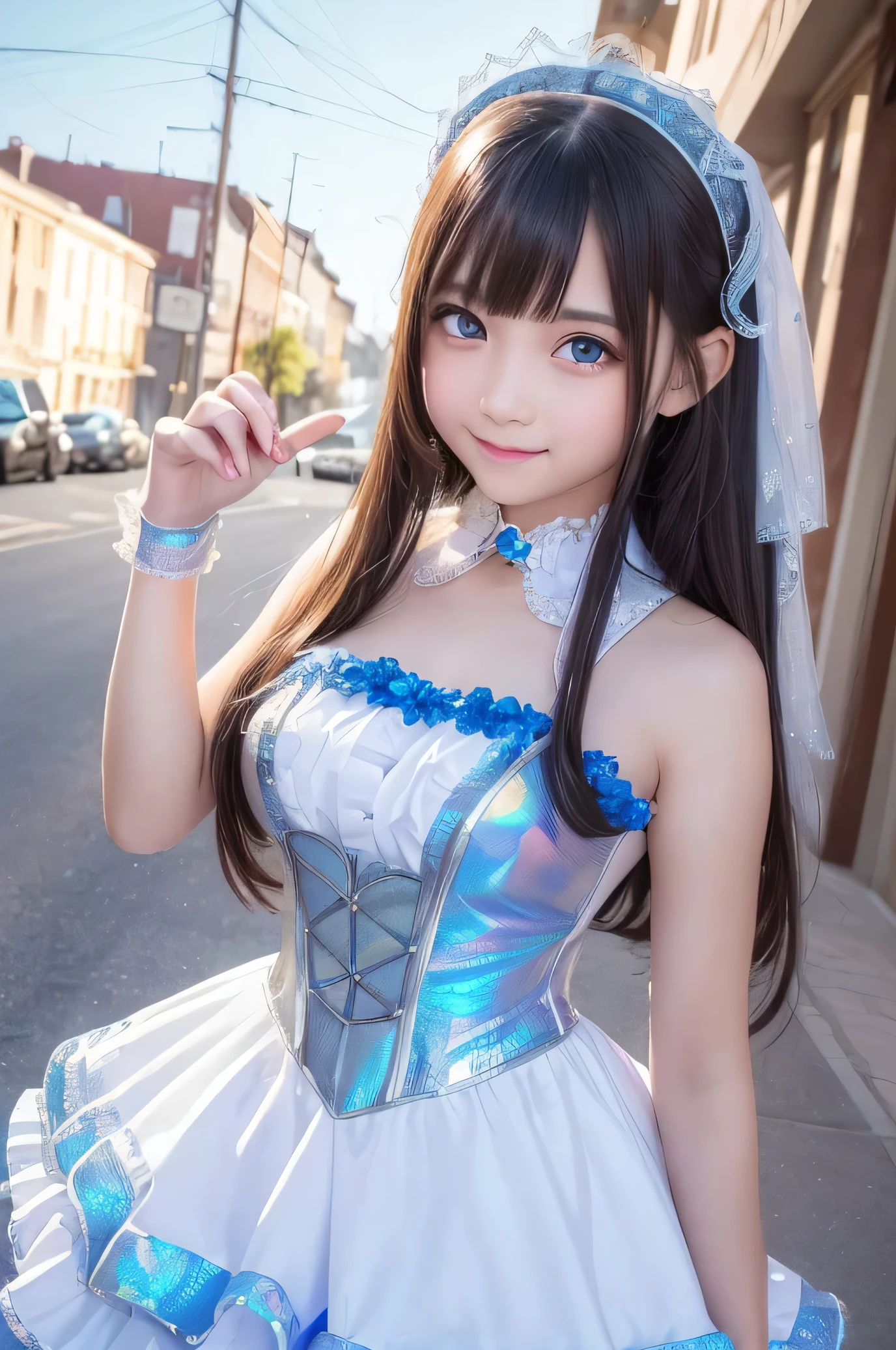 (Very beautiful cute girl), (very cute face:1.2),11 yo, (sparking crystal clear attractive large eyes), Beautiful detailed eyes, Detailed double eyelids, (smiling), (realistic photograph:1.2), long straight hair,(Super shiny holographic white and metallic blue maid costume :1),(Costumes with strong reflective surfaces:1),
(Maid costume:1),cowboy shot,in the street