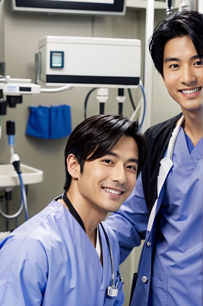 dentist male Wearing black medical scrubs, Japanese, black hair, late 20s Main upper body smile Black