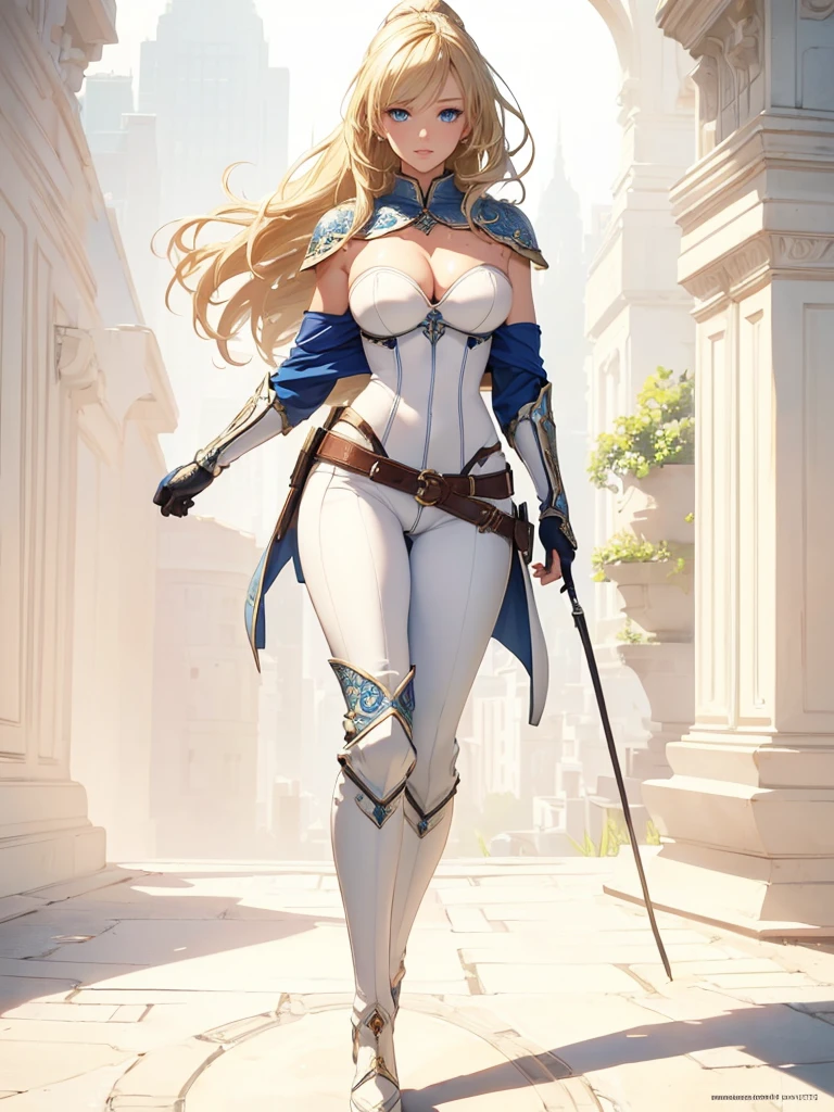 ((1girl, solo)), ((mature female)), full body, standing, cowboy shot, beautiful body, (perfect anatomy, perfect body, perfect hands, perfect legs), nice hands, natural proportions, sexy body, (large breasts:1.3) BREAK 

((extremely detailed face)), blue eyes, (beautiful detailed eyes:1.6), (realistic pupils, realistic iris:1), expressive eyes, ((looking at viewer)), (clear eyes:1.3), (hyperrealistic:1.2), (detailed skin texture:1.2), smooth skin, (blonde hair:1.5), bangs, very long hair, ((high ponytail)), (detailed lips:1.2), (attractive lips:1.1), (glossy lips:1.1), smile, perfect face, perfect eyes BREAK

female knight, ((strapless shirt)), (((white shirt))), collarbone, cleavage, ((blue capelet)), (elbow gloves), (((white pants))), (skin tight:1.5), (belt), ((blue tailcoat)), knee-high boots, high heels, thigh gap BREAK

(Outdoors:1.5), day, ((city)), (((trees))), sky, fantasy setting BREAK

(masterpiece:1.5), anime-style, top quality, best quality, (beautiful and aesthetic:1.2), (ultra detail:1.5), Ultra-detailed depiction, Ultra-precise depiction, extremely detailed 8k illustration, high resolution, (highly detailed shading:1.2), (realistic lighting:1.4), perfect lighting, vibrant colors, dynamic tones, striking hues, 8k, absurd resolution, perfect shadows, hdr, UHD, ambient lighting, realistic, ultra-realistic, photo realistic, highly detailed, rich detail, luminous colors, fine texture, intricate design, professional illustration, (soft light:1.2), (illustration:0.7)