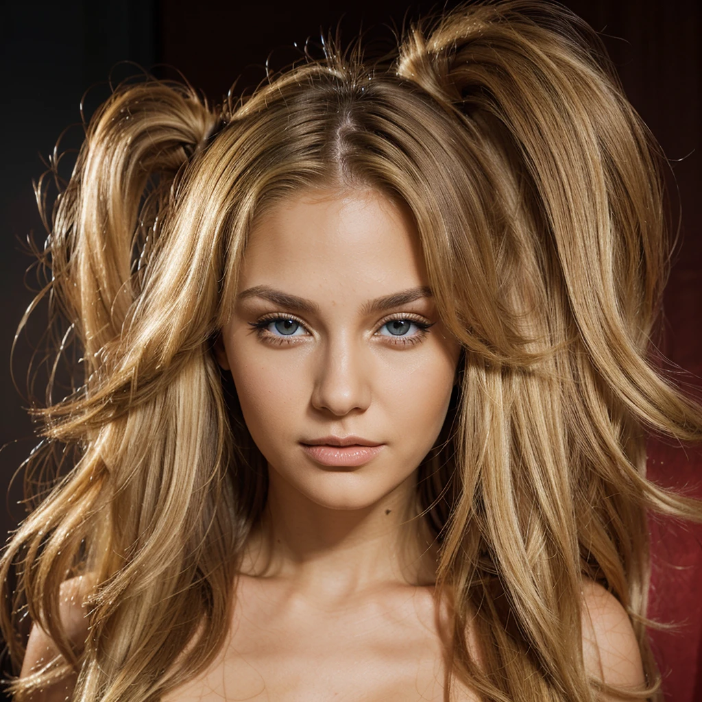 Vibrant and high-resolution full-body portrait of a woman with straight blonde hair. She has brown eyes. Focusing on your face showing an incredibly makeup