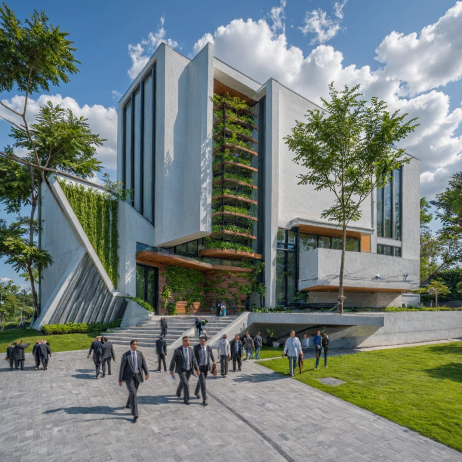 Masterpiece, high quality, best quality, authentic, super detail, outdoors, onestoreyvillaXL, aiaigroup, house style modern on the street ,stairs, white wall ,road,pavement, grass, trees, sky, cloud, (daylight:1.1)