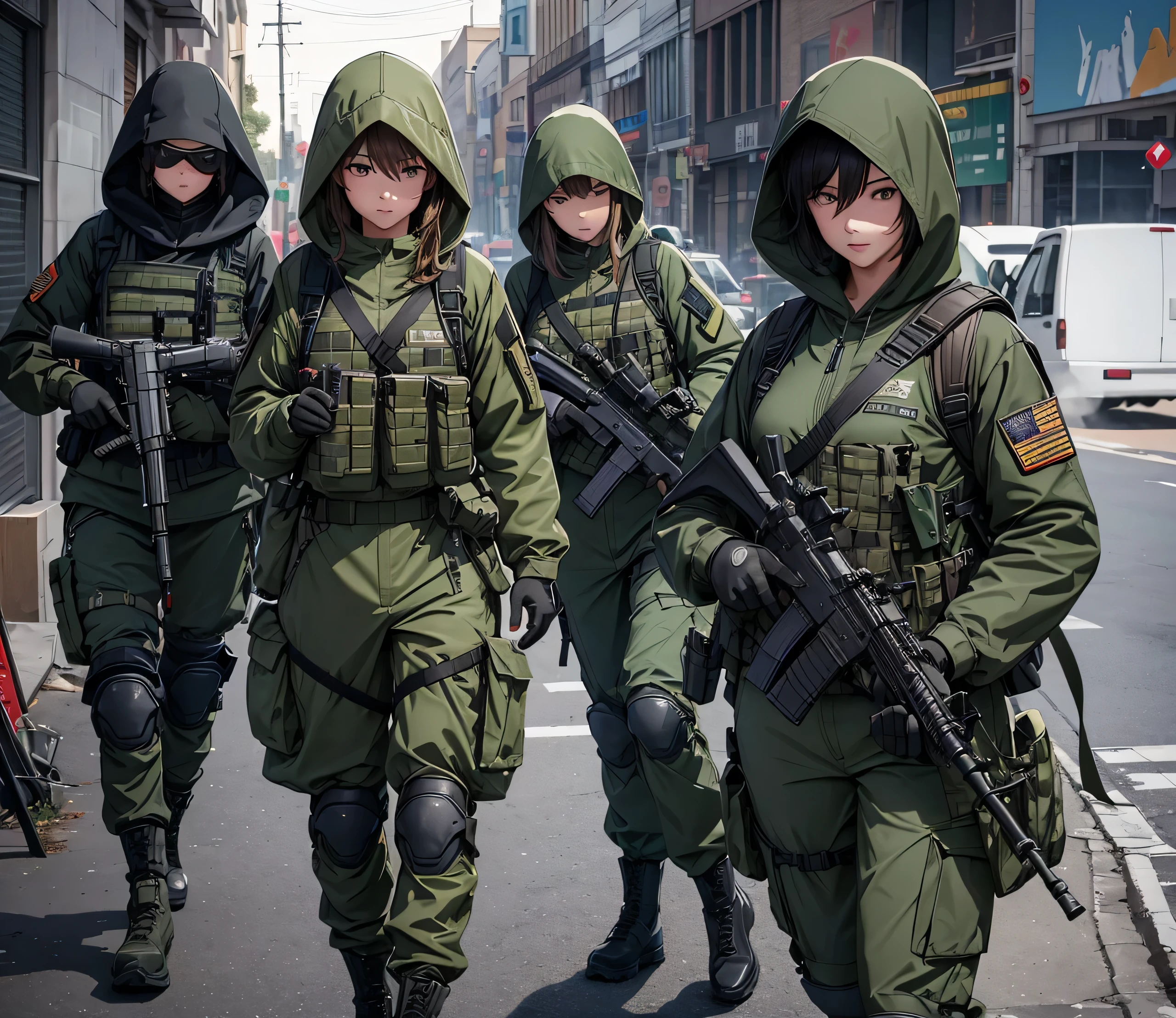 A group of female soldiers with guns,Aim straight ahead,All wear dark green M-51 hooded military uniforms、Hooded on head、Magazine Pouch、Tactical harness、Military Pants、Knee pads,Write details、masterpiece、best quality、Highly detailed CG、8K picture quality