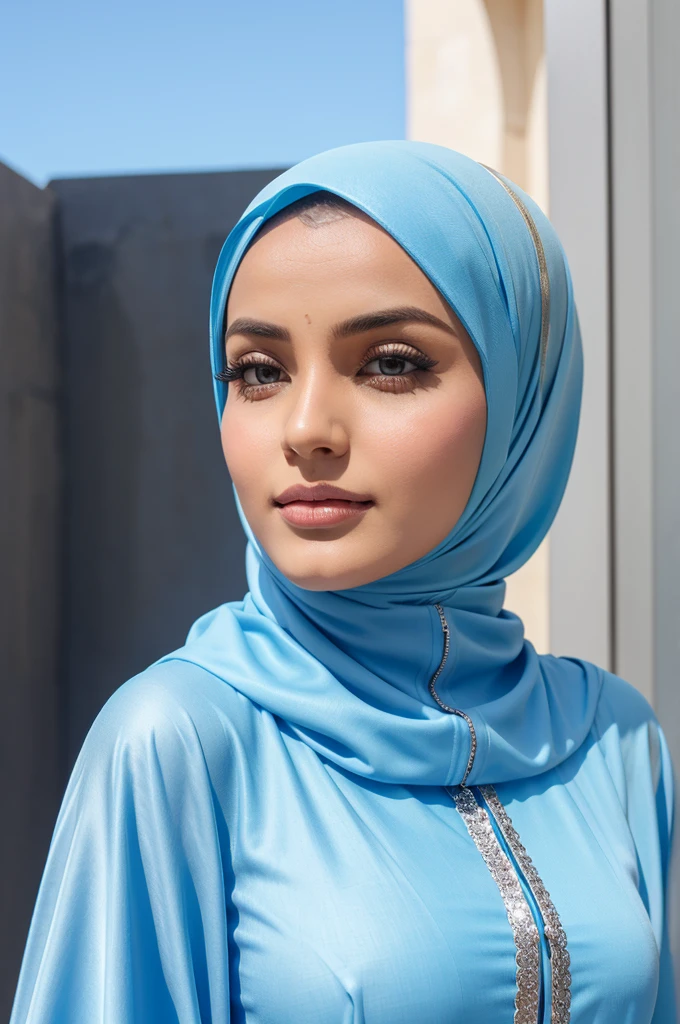 A pretty lady who wears sky-blue hijab and nikab with silver Abaya