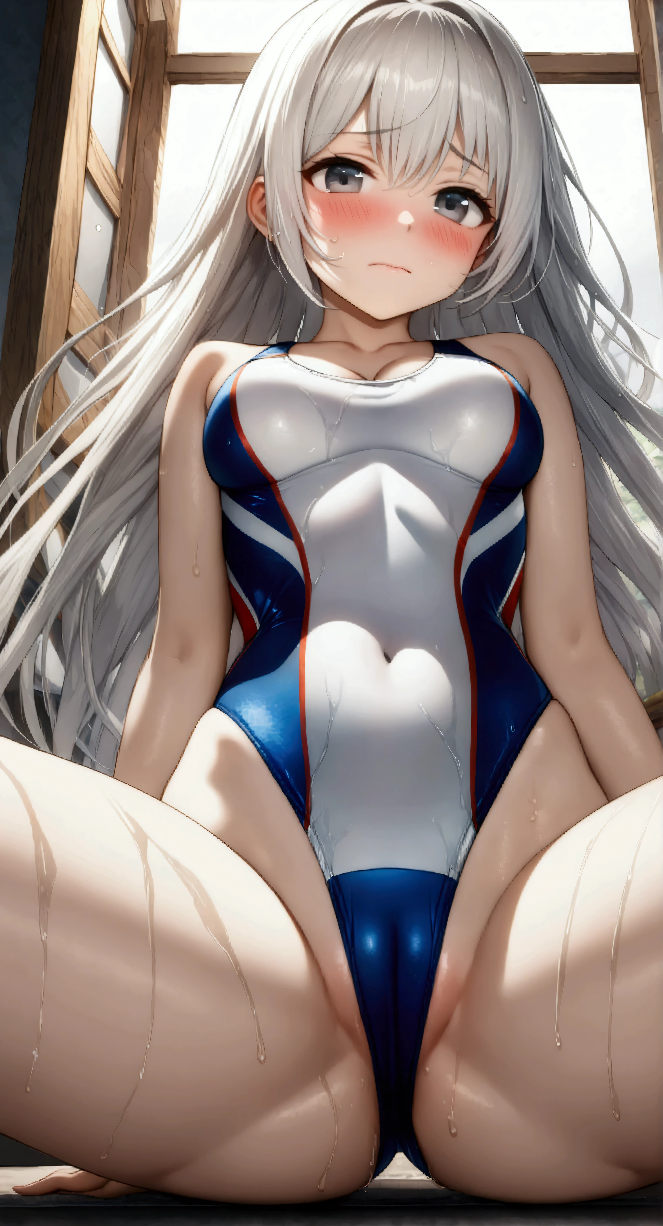 ((32k)), ((best quality)), ((ultra high res)), ((HDR)), ((UHD)), ((extremely detailed CG)), ((unity 32k wallpaper)), (1girl), (()), (ideal ratio body proportions), very long hair, looking at viewer, blush, embarrassed, bangs, ((cleavage)), (((white competition swimsuit))), ((medium breasts)), closed mouth, ((white hair)), grey eyes, sitting, (morning), ((from front)), ((from below)), (nsfw), (((Sp your legs wide))), sea side, wet body, wet hair,