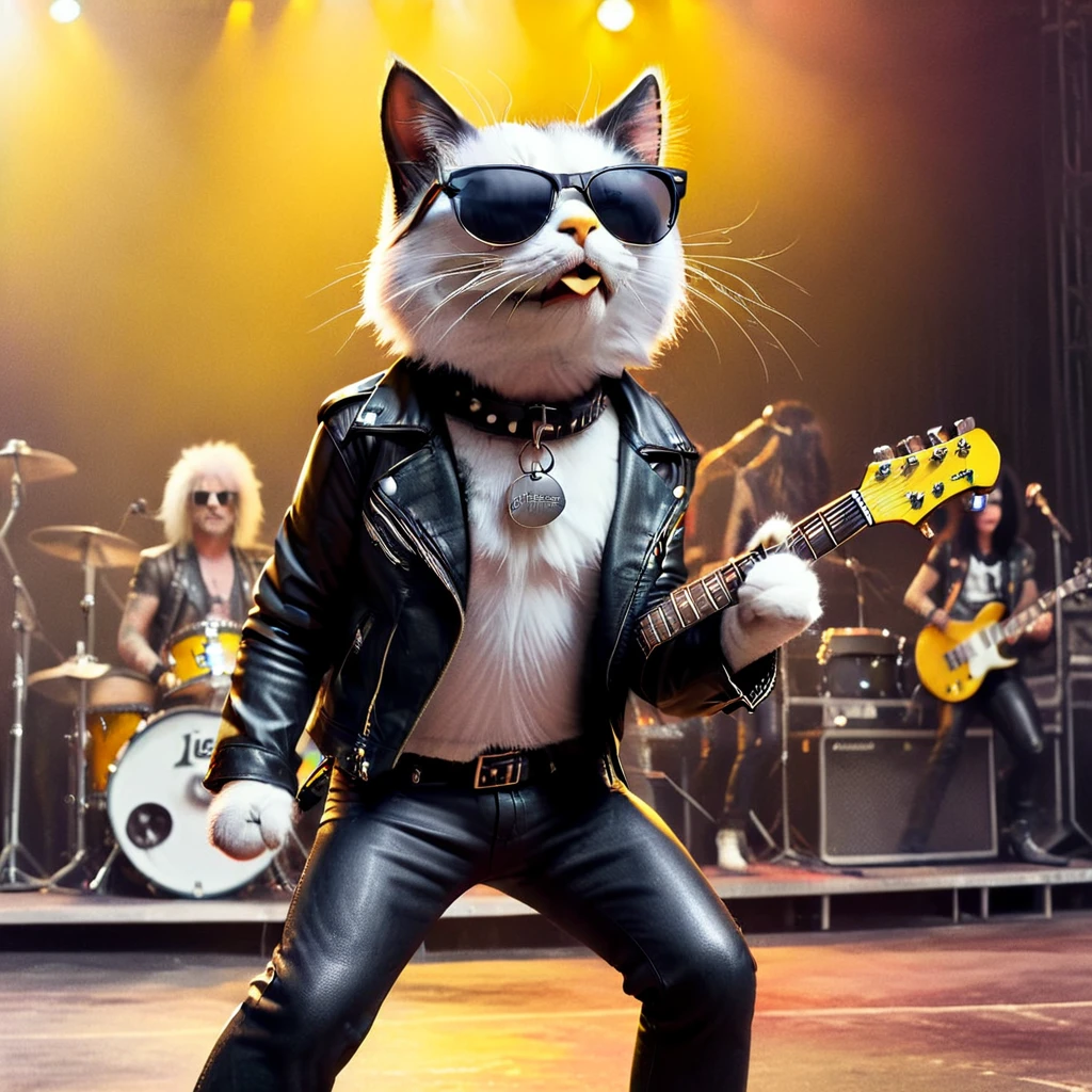 cat in the stage, cinematic angle, slim cat kitty,black hair face, white nose , white beard, ears black,
wearing leather jacket and pants,big nose piercing, yellow eyes, straight black hair,white punk hair, black tail, 
playing a les paul guitar, ((sunglasses)), 
rock concert, rock festival,(Epic Rock Concert Dynamics:1.1), 
