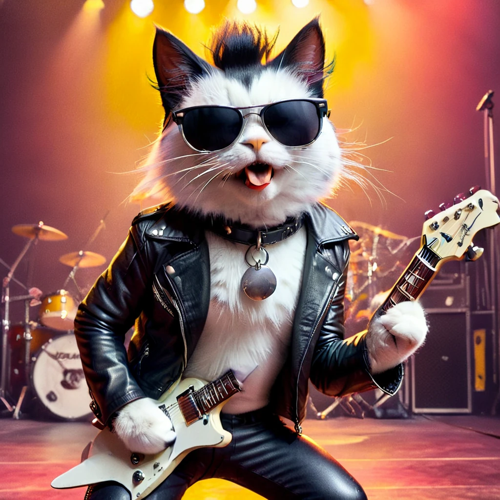 cat in the stage, cinematic angle, slim cat kitty,black hair face, white nose , white beard, ears black,
wearing leather jacket and pants,big nose piercing, yellow eyes, straight black hair,white punk hair, black tail,
playing a les paul guitar, ((sunglasses)),
rock concert, rock festival,(Epic Rock Concert Dynamics:1.1),