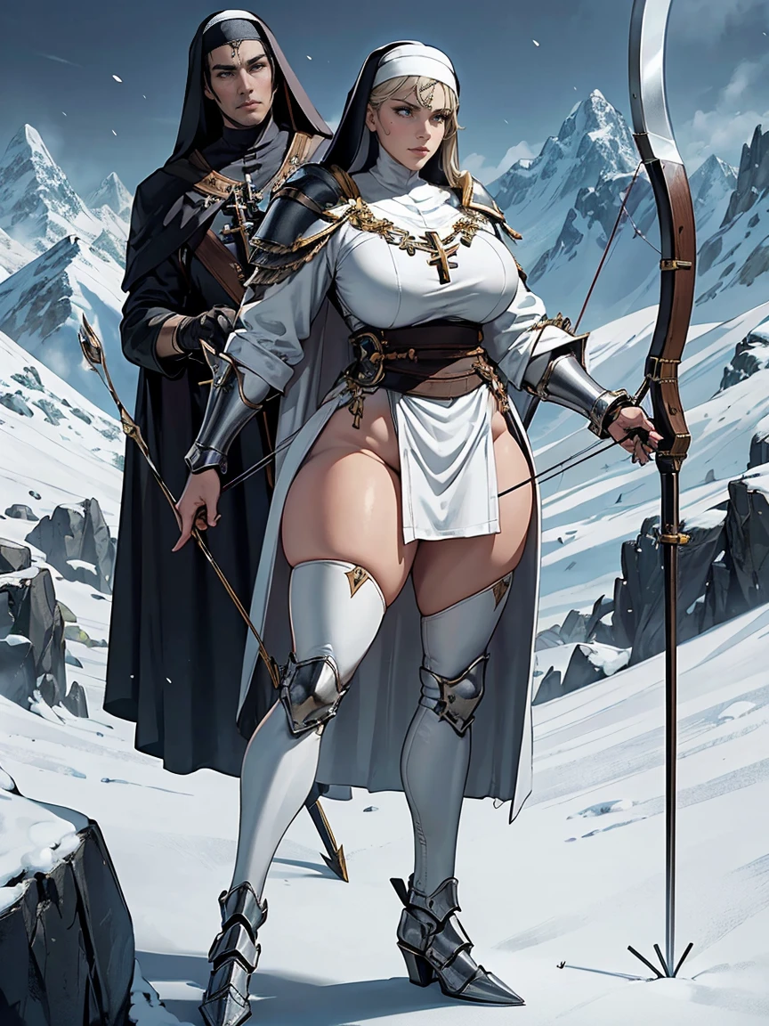 (masterpiece, top quality, best quality, official art, beautiful and aesthetic:1.2), (1girl:1.3), ((Sharp facial features, sharp features, hawkish features)), ((grey eyes)), busty paladin knight girl, extremely detailed, portrait, looking at viewer, solo, (full body:0.6), detailed background, full-body shot, (cold mountain nighttime glacier theme:1.1), holy knight, (nun), charlatan, smirk, mysterious, swaying in mountains, armor, polished metal, gold trim, long boots, white fabric, pelvic curtain, robe, pale leather, ((((nun, crossbow, heavy armor, armored, long legs, robes, prayer scrolls, toned, muscular)))), slim waist, slim hips, long legs, medieval (mountain exterior:1.1) background, dark mysterious lighting, shadows, magical atmosphere, dutch angle