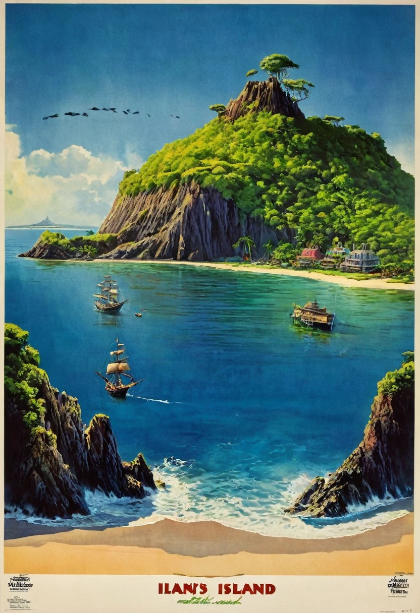 a mysterious island, lush tropical forest, crystal clear turquoise waters, rocky cliffs, golden sand beach, ancient ruins, overgrown vines, mystical atmosphere, dramatic lighting, vibrant colors, cinematic composition, (best quality,4k,8k,highres,masterpiece:1.2),ultra-detailed,(realistic,photorealistic,photo-realistic:1.37),cinematic lighting, moody shadows, ethereal mood, dramatic angles, advanced rendering