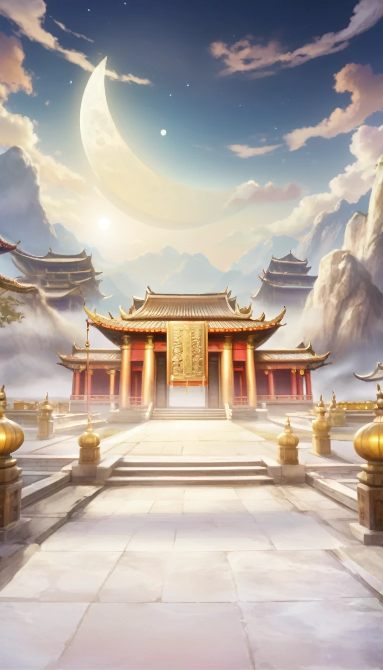 Close up of building with sky background and moon in the background, Temple Background, Kingdom of Light Background, mysterious temple setting, Depicting the background of the temple, background technologywork, background technology, Cora Legend setting, A mysterious temple, Palace Background, Entering the Etheric Realm, zen Temple Background, Inspired by Ju Lian, Game Background, Inspired by Gong Xian