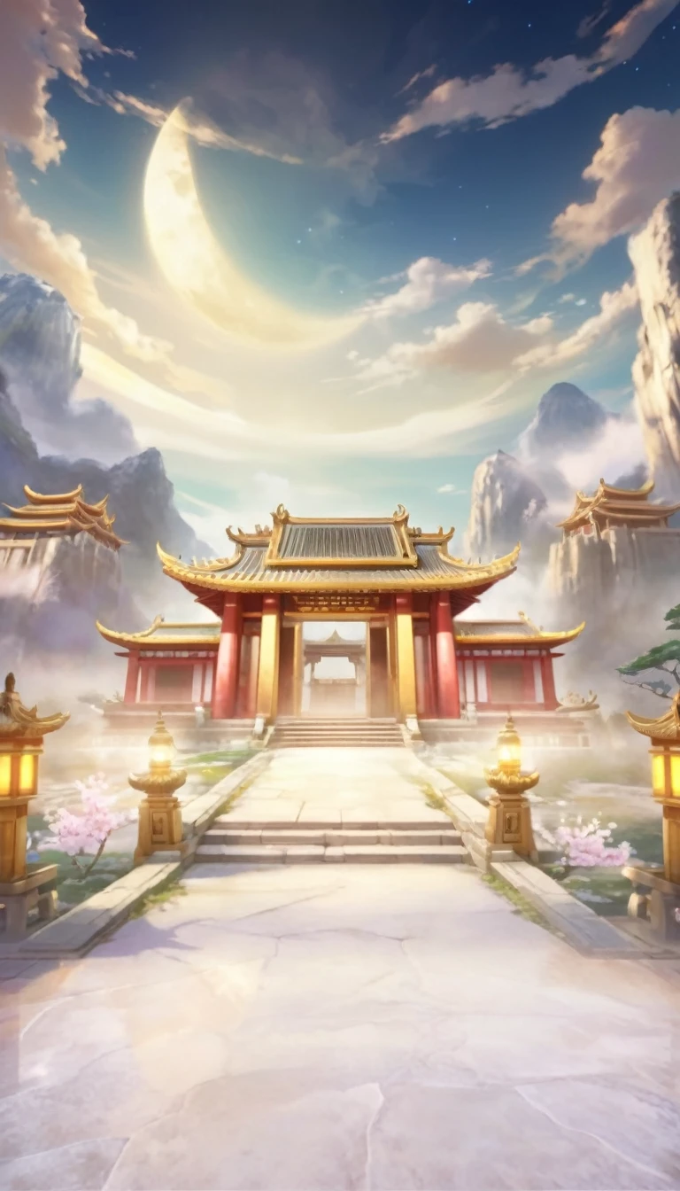 Close up of building with sky background and moon in the background, Temple Background, Kingdom of Light Background, mysterious temple setting, Depicting the background of the temple, background technologywork, background technology, Cora Legend setting, A mysterious temple, Palace Background, Entering the Etheric Realm, zen Temple Background, Inspired by Ju Lian, Game Background, Inspired by Gong Xian