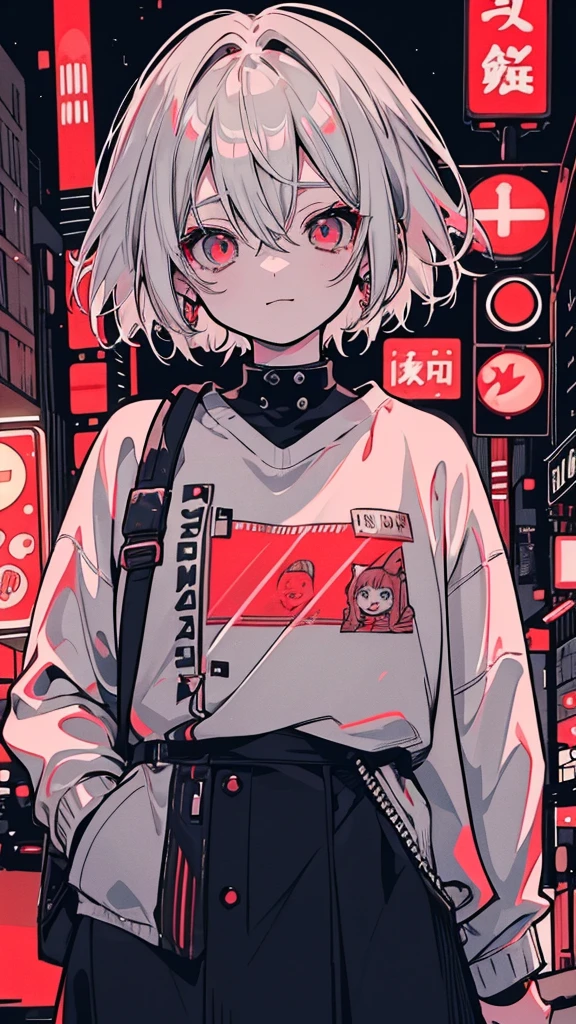 a picture of a women 25 years old short white hair standing in front of a red light, happy face, Candid Photography, Gray-haired deity, dynamic poses, Gray-haired girl, Crushing Despair, Flowing white hair, short Hair Anime Girl, perfect Gray-haired girl, 