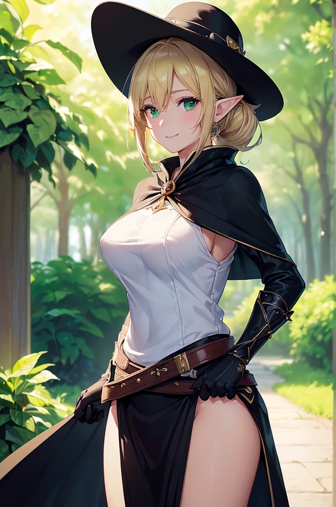 (((masterpiece; best quality: 1.2))), (finely detailed eyes: 1.3), (25 year old elf woman), (solo), (green eyes: 1.4), (body; big breasts, fit, femenine: 1.3), (silky blonde hair in low ponytail: 1.3), (beautiful and clear background: 1.2), ((depth of field)), (equipment: adventurer attire + modest + elegant wide-brimmed hat + dark blouse + dark cape + black long skirt + gloves + belt + pouches: 1.3), (anime illustration: 1.2), (background composition; royal garden: 1.1), (extremely fine and beautiful: 1.1), (shot composition; standing + centered on torso + close-up: 1.5), (expression; calm, smile: 1.2)