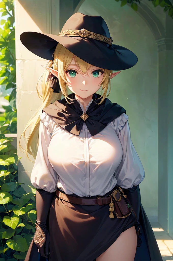 (((masterpiece; best quality: 1.2))), (finely detailed eyes: 1.3), (25 year old elf woman), (solo), (green eyes: 1.4), (body; big breasts, fit, femenine: 1.3), (silky blonde hair in low ponytail: 1.3), (beautiful and clear background: 1.2), ((depth of field)), (equipment: adventurer attire + modest + elegant wide-brimmed hat + dark blouse + dark cape + black long skirt + gloves + belt + pouches: 1.3), (anime illustration: 1.2), (background composition; royal garden: 1.1), (extremely fine and beautiful: 1.1), (shot composition; standing + centered on torso + close-up: 1.5), (expression; calm, smile: 1.2)