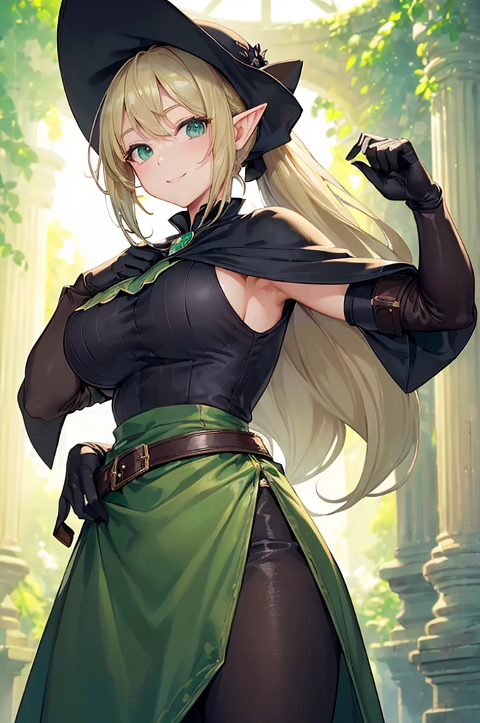 (((masterpiece; best quality: 1.2))), (finely detailed eyes: 1.3), (25 year old elf woman), (solo), (green eyes: 1.4), (body; big breasts, fit, femenine: 1.3), (silky blonde hair in low ponytail: 1.3), (beautiful and clear background: 1.2), ((depth of field)), (equipment: adventurer attire + modest + elegant wide-brimmed hat + dark blouse + dark cape + black long skirt + gloves + belt + pouches: 1.3), (anime illustration: 1.2), (background composition; royal garden: 1.1), (extremely fine and beautiful: 1.1), (shot composition; standing + centered on torso + close-up: 1.5), (expression; calm, smile: 1.2)