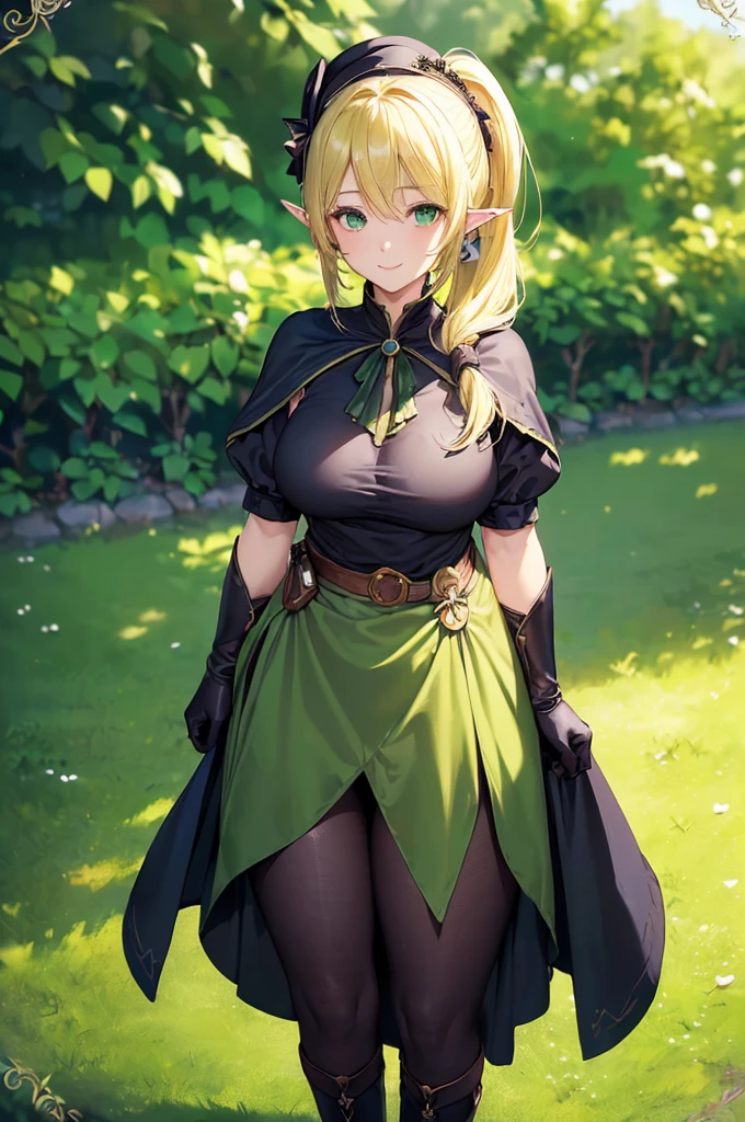 (((masterpiece; best quality: 1.2))), (finely detailed eyes: 1.3), (25 year old elf woman), (solo), (green eyes: 1.4), (body; big breasts, fit, femenine: 1.3), (silky blonde hair in low ponytail: 1.3), (beautiful and clear background: 1.2), ((depth of field)), (equipment: adventurer attire + modest + elegant wide-brimmed hat + dark blouse + dark cape + black long skirt + gloves + belt + pouches: 1.3), (anime illustration: 1.2), (background composition; royal garden: 1.1), (extremely fine and beautiful: 1.1), (shot composition; standing + centered on torso + close-up: 1.5), (expression; calm, smile: 1.2)