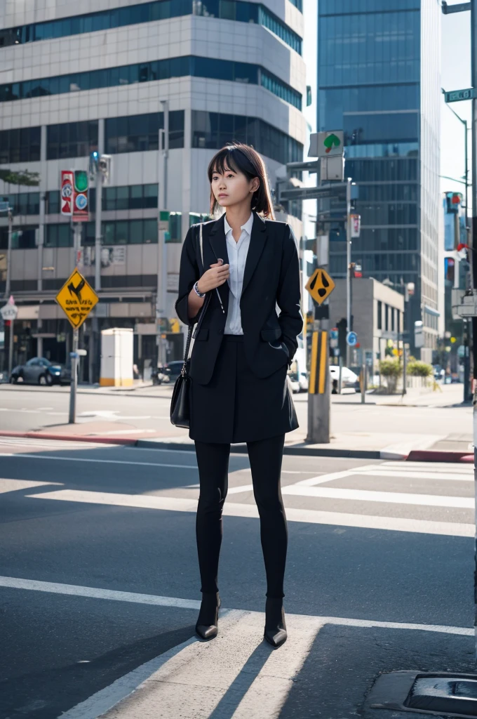 An office worker is standing alone at an intersection, waiting for the traffic light to turn on