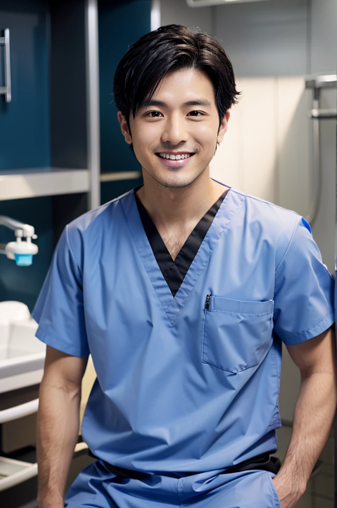 dentist　male　Wearing black medical scrubs, Japanese, black hair, late 20s　Main upper body　smile　　Black