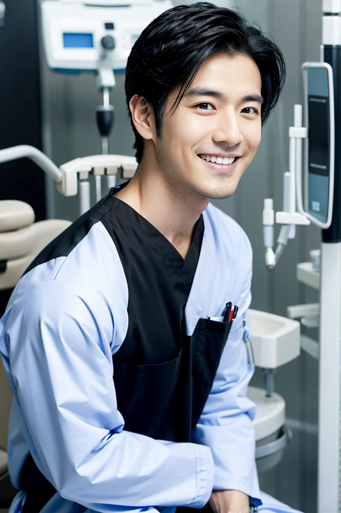 dentist male Wearing black medical scrubs, Japanese, black hair, late 20s Main upper body smile Black