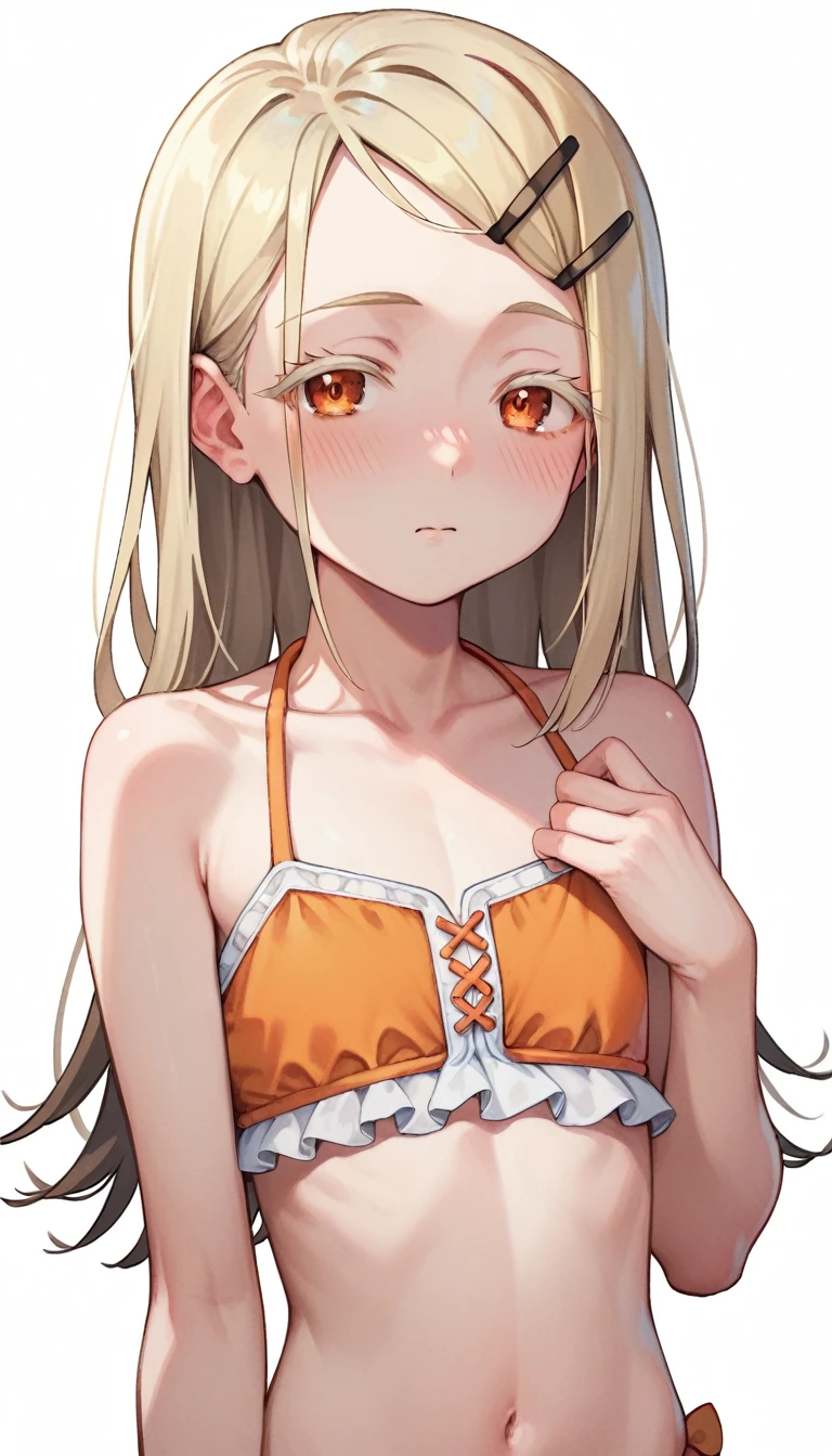 Highest quality, masterpiece, No correction, Beark,shinosawa hiro,thin,Orange eyes,White eyelashes,Blonde,Long Hair,Hair Clip,flat chest,white background,blush,frilled bikini,orange bikini,