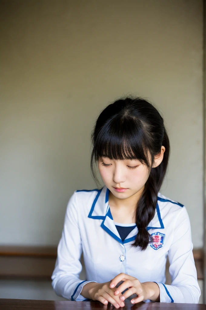 high school girl,Japanese,Black hair ponytail,Tactile,Heavy bangs