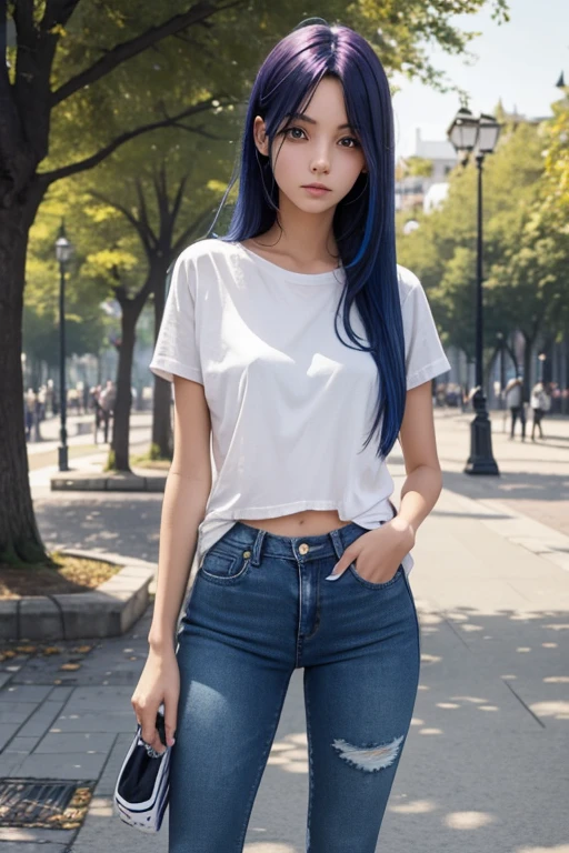 A thin, dissatisfied European girl with dyed hair in jeans and a torn T-shirt and sneakers is studying a manicure, standing in the park.