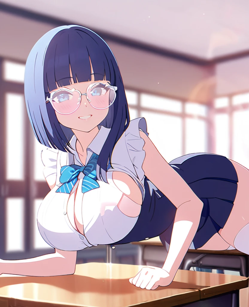 girl, silver blue hair, hime cut, long hair, J cup breast, thicc thigh, perfect body, love shape glasses, pink color, sleeveless blouse, half cut school blouse, micro skirt, deep cleavage, charming smile, sit on the table, classroom scene, clear view