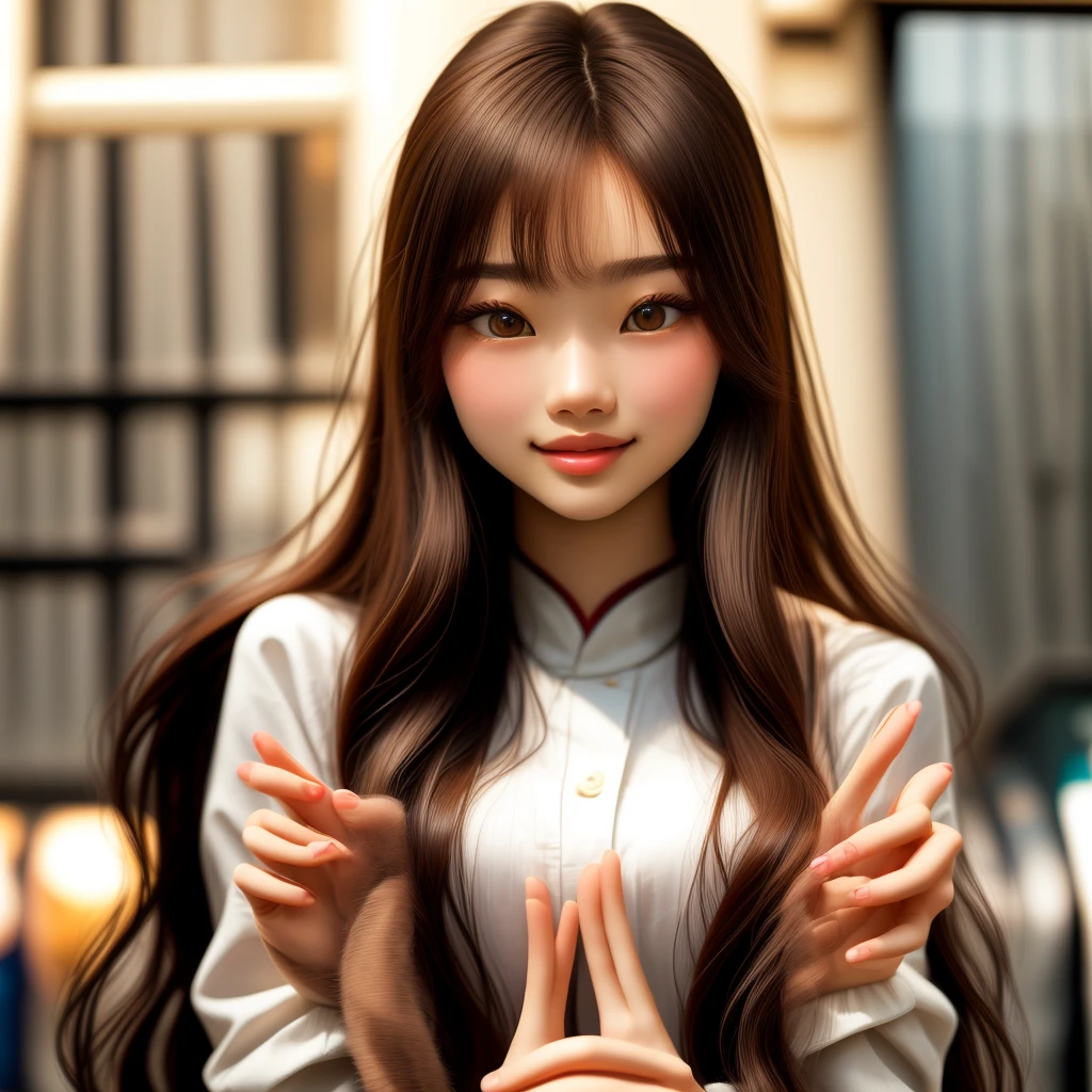 There is a woman making a peace sign with both hands., young Asian woman, beautiful young Korean women, Korean women, Long haired asian girl, Graceful smile pose, young asian girl, a young Asian woman, Professional Profile Photo, beautiful young Asian woman, beautiful south Korean women, gorgeous young Korean women, Asian woman, Chinese women, High-quality portraits