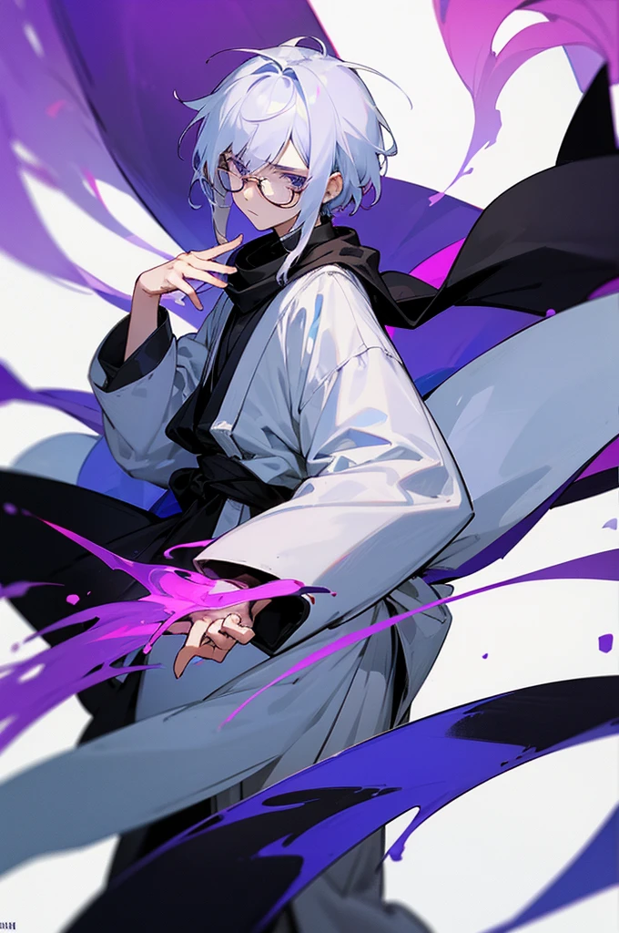 Shawm - 21 years old young man, which was destined for a greater doings. Shawm is a young man, around 21 years old, a sorcerer which is quite skilled in the magic of cursed purple flames. He's short, well built. Usually frowning face shows no sign of emotion, and his half-closed emotionless blank black eyes only consolidate that fact. Tousled white hair with a slight purple colour in it's roots brushed behind, with a small bunch
of it sticking up before his eyes. Usually he's dressed in a black shirt with white haori above it, white hakama and black runners. On the neck he wears black long scarf with two tips waving behind his back, and on the waist usually wrapped his black and white coloured jacket, wrapped by its sleeves around his body. On Shawm's shoulder usually should be seen a small chibi cat with glasses on - it's his spiritual animal and a teacher, which helps him use his powers.