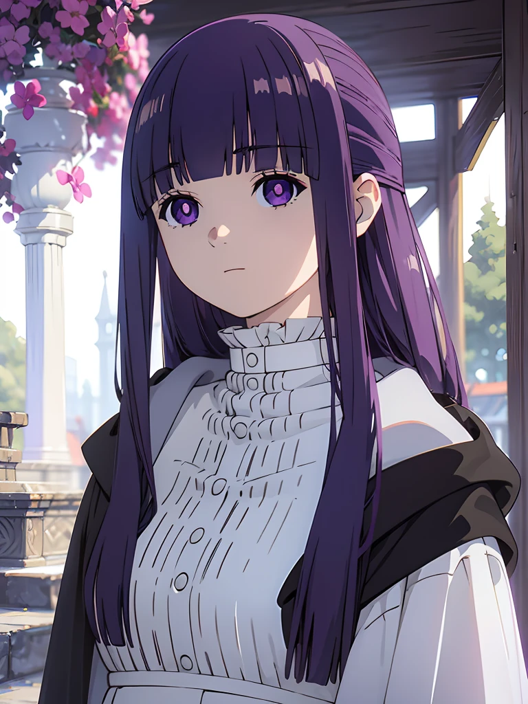 ((masterpiece)),(best quality),official art,extremely delicate and beautiful,extremely detailed CG,unity 8k wallpaper,ultra detailed,beautiful detailed eyes,extremely detailed face,outdoors,1girl,solo,upper body,(portrait:1.5),looking at viewer,facing viewer,expressionless,long hair,purple hair,straight hair,half updo,hime cut,sidelocks,blunt bangs,purple eyes,bright pupils,white pupils,hooded robe,hood down,black robe,white shirt,frills,buttons,long sleeves,medium breasts,long skirt,white skirt,black boots,