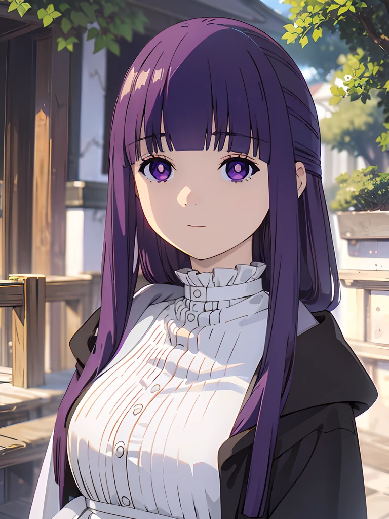 ((masterpiece)),(best quality),official art,extremely delicate and beautiful,extremely detailed CG,unity 8k wallpaper,ultra detailed,beautiful detailed eyes,extremely detailed face,outdoors,1girl,solo,upper body,(portrait:1.5),looking at viewer,facing viewer,expressionless,long hair,purple hair,straight hair,half updo,hime cut,sidelocks,blunt bangs,purple eyes,bright pupils,white pupils,hooded robe,hood down,black robe,white shirt,frills,buttons,long sleeves,medium breasts,long skirt,white skirt,black boots,