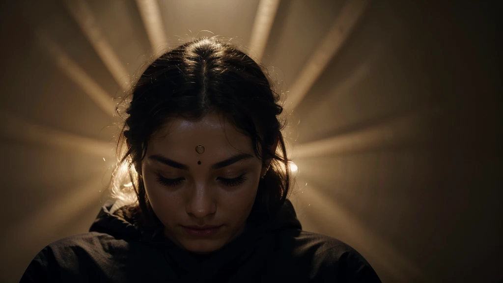 "A close-up photograph of a person meditating in a dark room, with a glowing light at the center of their forehead symbolizing the activation of the pineal gland. The expression on the person's face is calm and serene, with eyes closed and a slight smile. --ar 16:9"