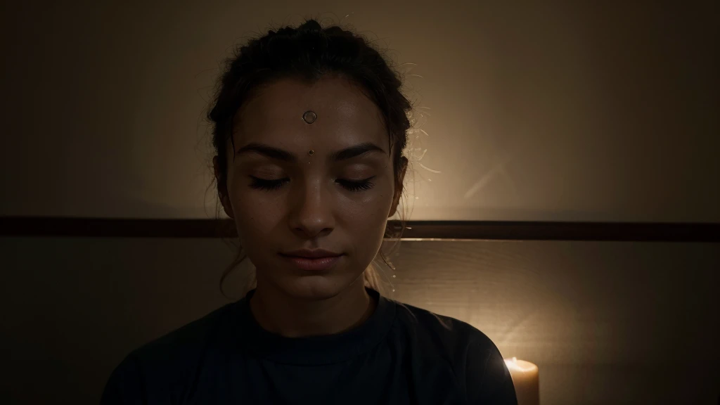 "A close-up photograph of a person meditating in a dark room, with a glowing light at the center of their forehead symbolizing the activation of the pineal gland. The expression on the person's face is calm and serene, with eyes closed and a slight smile. --ar 16:9"