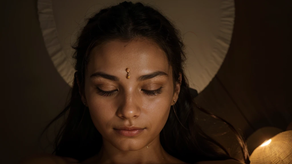 "A close-up photograph of a person meditating in a dark room, with a glowing light at the center of their forehead symbolizing the activation of the pineal gland. The expression on the person's face is calm and serene, with eyes closed and a slight smile. --ar 16:9"
