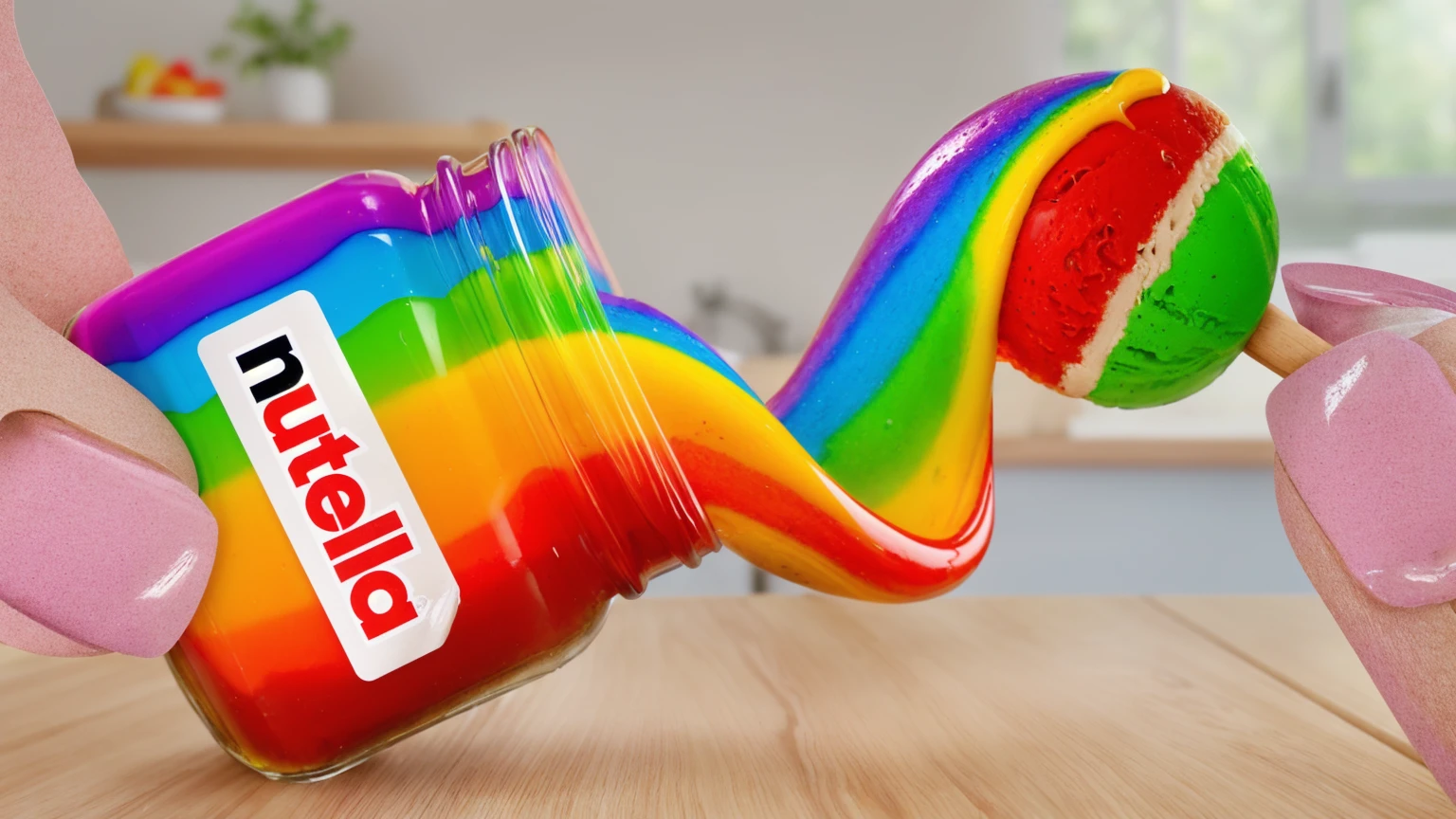 on a wooden table, glass jar with rainbow peanut butter, ice cream dipped in rainbow peanut butter, rainbow peanut butter stretch. against the background of the kitchen .beautiful lighting, Beautiful sunlight, bright lighting, Realistic style , realistic texture, detailed texture, a high resolution, high quality, ultra hd 4k,