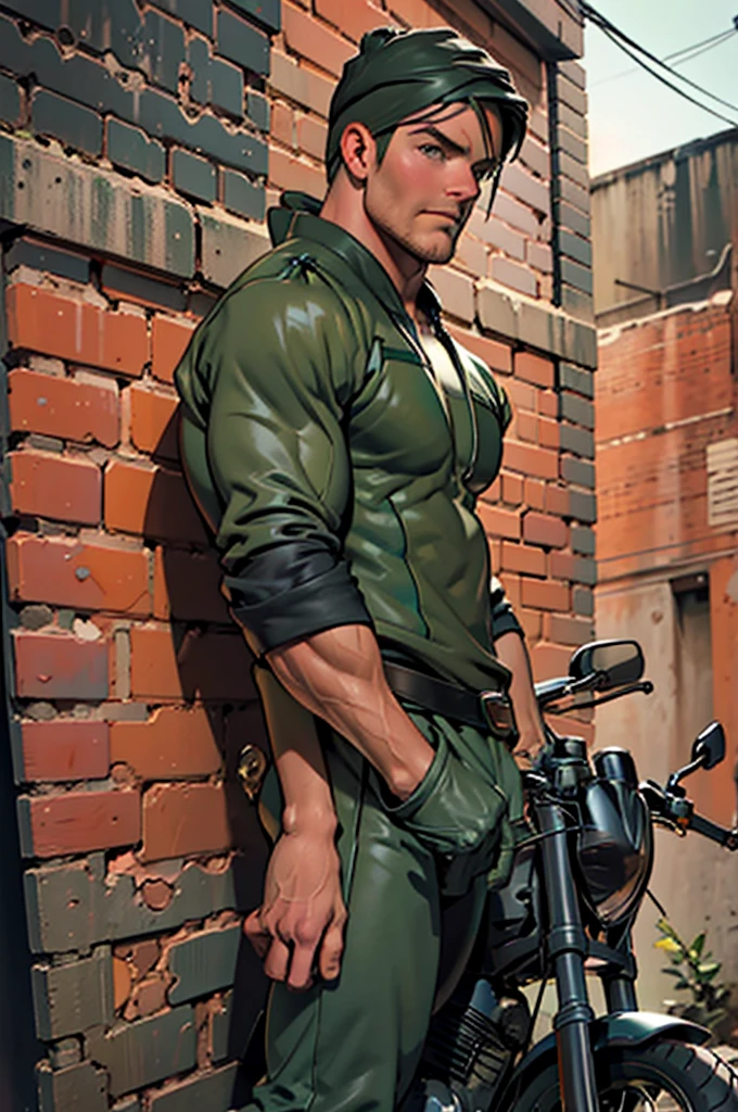 32k, high quality , detailed face , detailed hands , detailed muscles detailed motorcycle , (((stephen amell))) standing near his (((motorcycle 1.2))), posing in a street ,standing with spread legs, showing his muscles, shirtless wearing a very very low dark green pants with brown belt, background brick wall with men health posters