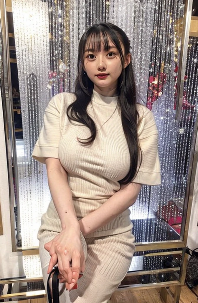 ((masterpiece:1.4、Highest quality))、(Like the picture:1.4)、Professional Lighting、Physically Based Rendering, Dark brown hair、Layered Cut、Highly detailed face、Detailed skin、(Japanese women:1.05)、21、Thin bangs、knit、White Room、White wall、Bright lighting, topless, Browsing Caution, Nipples