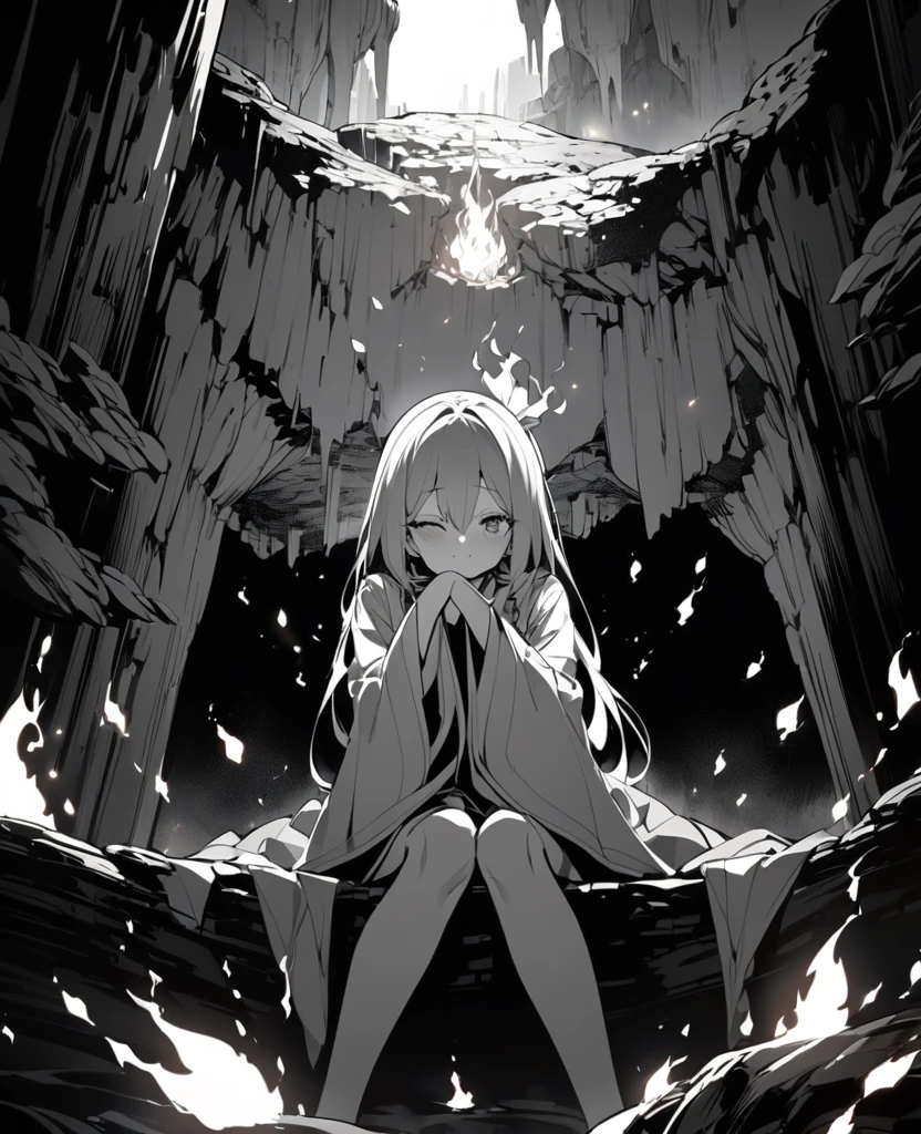 (Highest quality, masterpiece),  (One girl, alone,Brown robes, expression, avert your eyes, Sitting, Wide sleeves, Iris, Mouth closed, Ribbon-shaped fire on head, Long Hair, Cowboy Shot), (Monochrome, Night sky at the cave entrance , Light rising from below, Inside the cave, A bunch of floating glowing white particles, Burning fire at hand, Many small fires are floating),