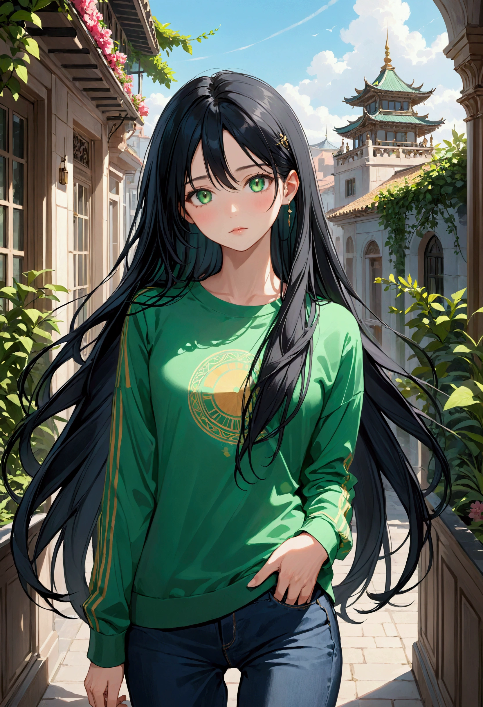 Long black hair, green eyes,aesthetic body, casual