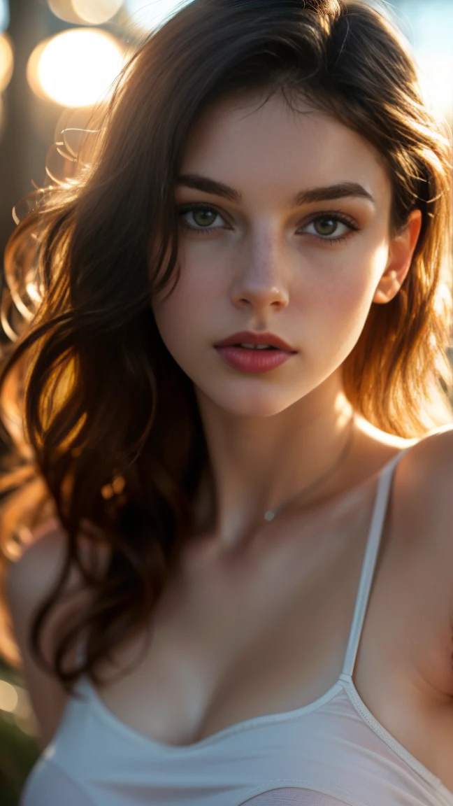 (((ultra realistic))) Photo, masterpiece, top quality, (pale skin), (Ultra detailed face and eyes:1.3), 1 girl, Adult, in a T-shirt, full body, (Eye makeup, mascara) , ((large detailed lips)), ((ash wavy hair)), ((Chyolka)) , (Natural breasts), Slim waist. ((Posing)), photoshoot, studio (soft lighting), (The play of light and shadows), depth of field, bokeh, (special attention to skin detail: 1.2), Detailed leather texture, skin pores. (Airy atmosphere of the frame. Color range - delicate, Bright, white, Pink tones), UDR, ((Film grain)), ((rays)), ((glare of the sun)), ((waist up portrait, close to the camera)) , ultra detialed,