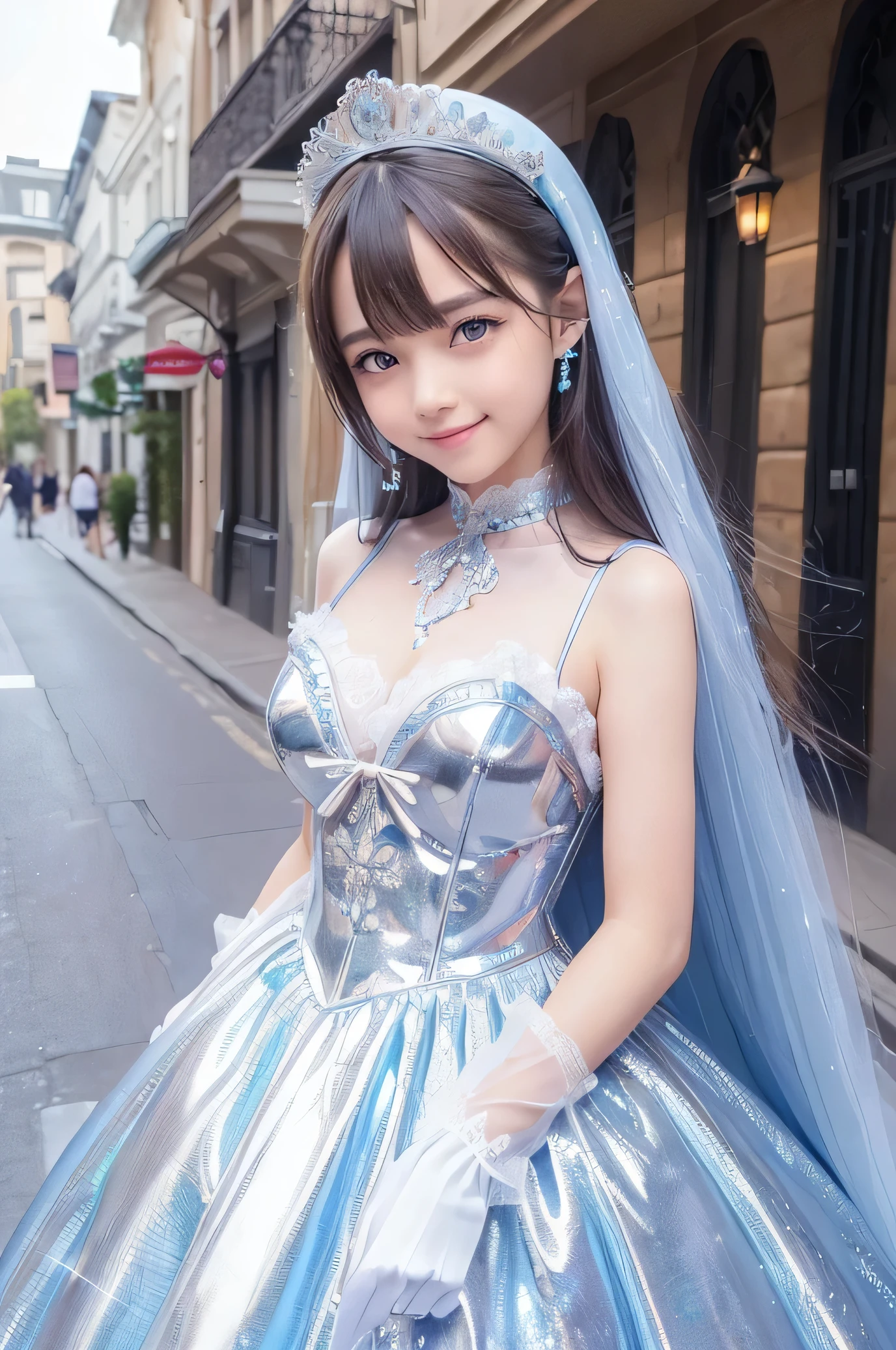 (Very beautiful cute girl), (very cute face:1.2),11 yo, (sparkling crystal clear attractive large eyes:1.1), Beautiful detailed eyes, Detailed double eyelids, (smiling), (realistic photograph:1.2), long straight hair,(Super shiny white and metallic blue maid costume :1),(Costumes with strong reflective surfaces:1),
(metallic blue Maid costume:1),cowboy shot,in the street