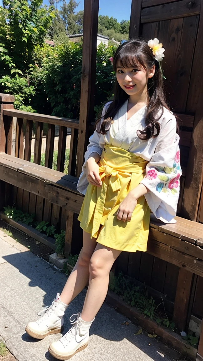 (8k、RAW Photos、Highest quality、masterpiece:1.2)、(Highest quality、Realistic)、1 Girl、((Yellow and white kimono、Japanese style、mini skirt、Floral、band、Idol Costume、ribbon、See-through、Thin legs、whole body、boots、garden、View from the front、Looking into the camera、Stand with hands on hips))、cute